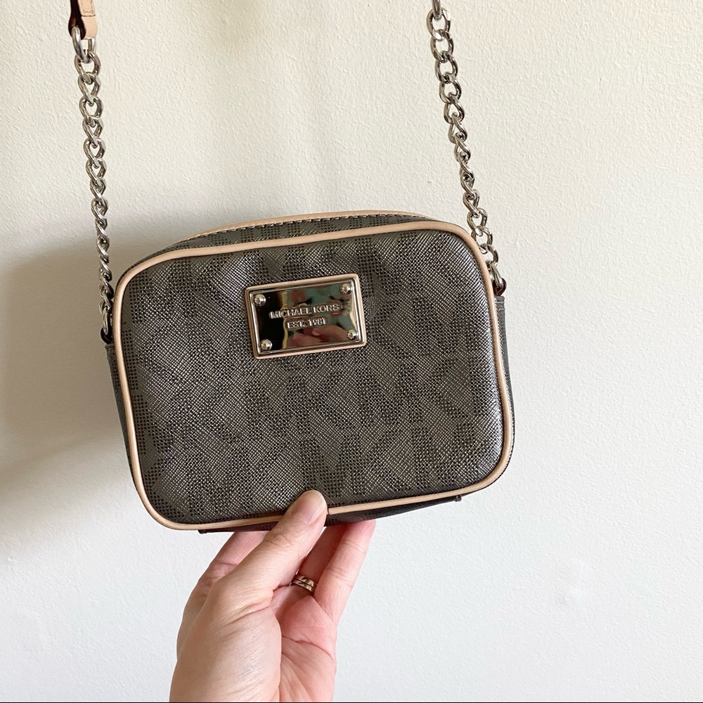 Michael Kors Logo Leather Crossbody | Jet Set Pewter Metallic Signature MK